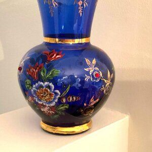 Exquisite vintage Cobalt Blue Vase with intricate beaded design